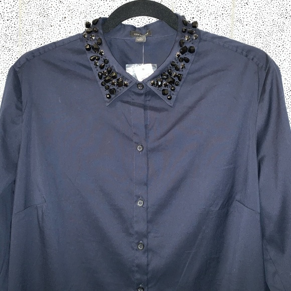 Ann Taylor Jeweled Collar Button Up Navy/Black 14 - Picture 2 of 6